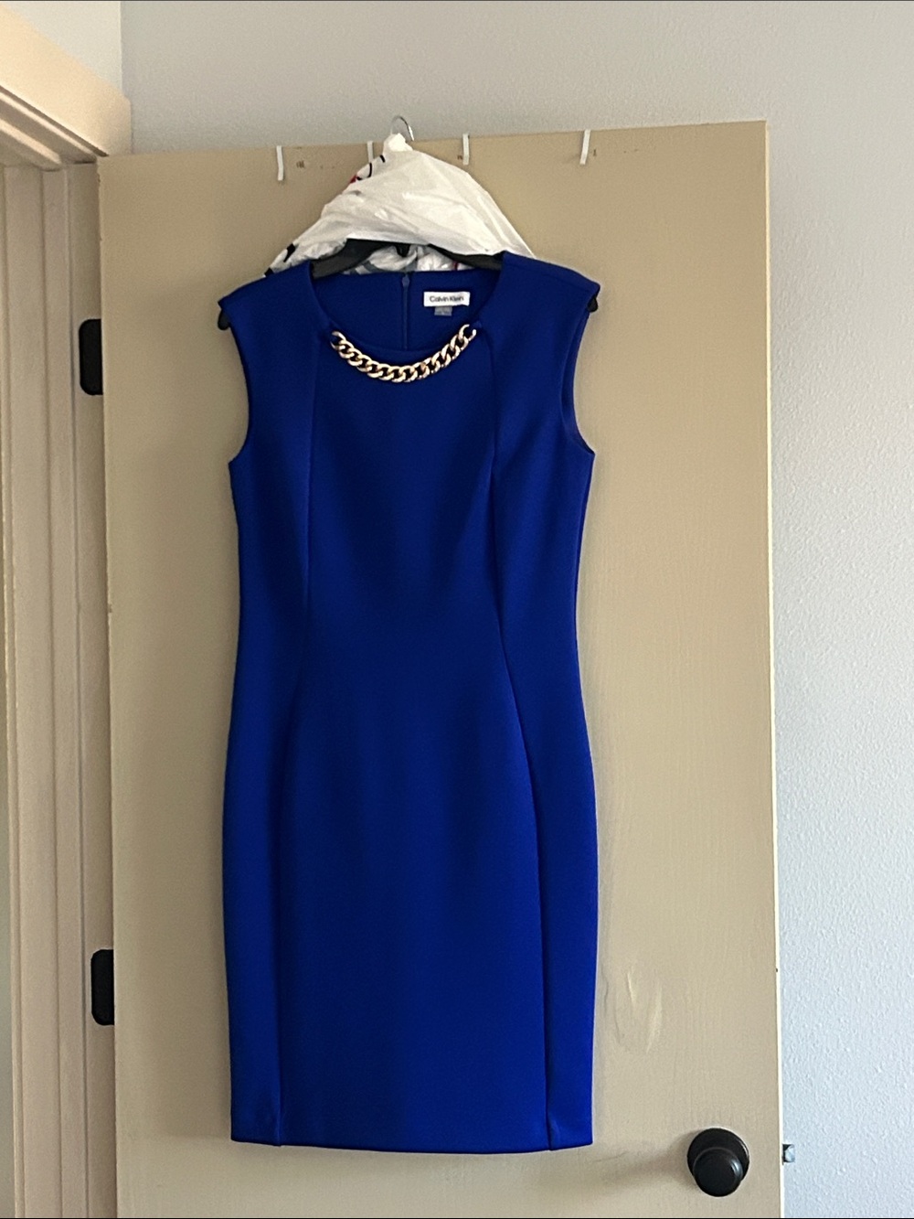 Calvin Klein Royal Blue Sleeveless Sheath Dress with Gold Chain
